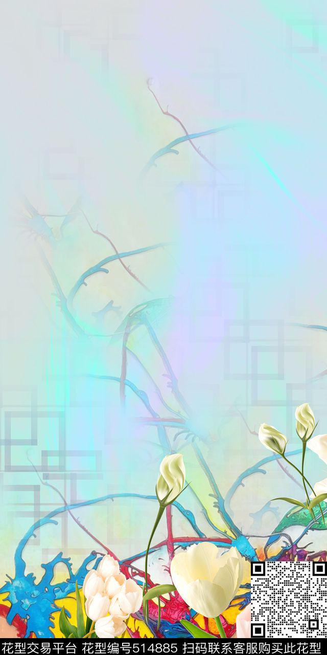 抽象花卉几何数码印花华亿平台下载（图片编号: 514885） - 瓦栏（Walan）