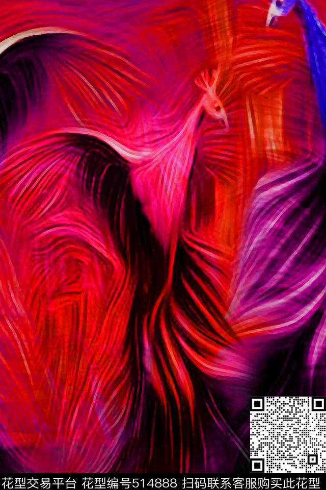 抽象鸟油画数码印花华亿平台下载（图片编号: 514888） - 瓦栏（Walan）