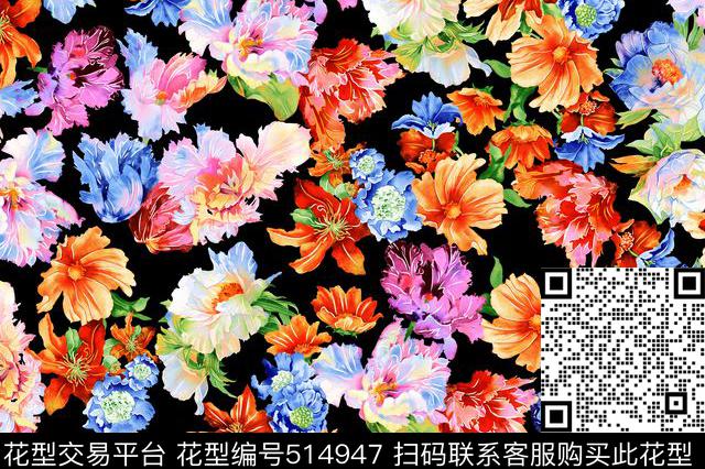 现代花卉组合数码印花华亿平台下载（图片编号: 514947） - 瓦栏（Walan）