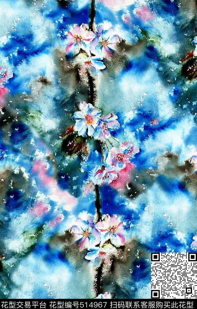 手绘花卉小白菊女装数码印花华亿平台下载（图片编号: 514967） - 瓦栏（Walan）