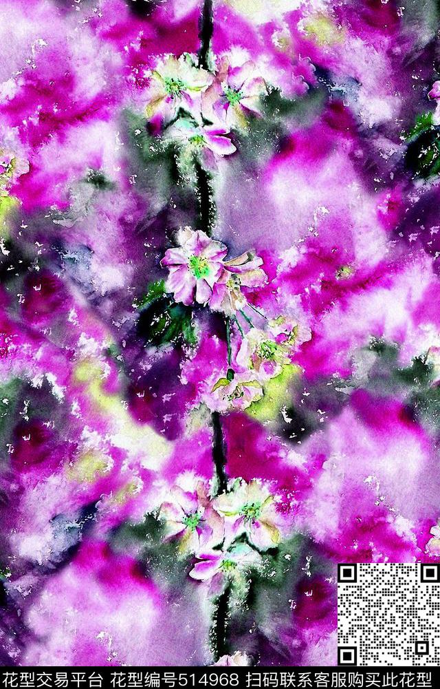 手绘花卉小白菊女装数码印花华亿平台下载（图片编号: 514968） - 瓦栏（Walan）