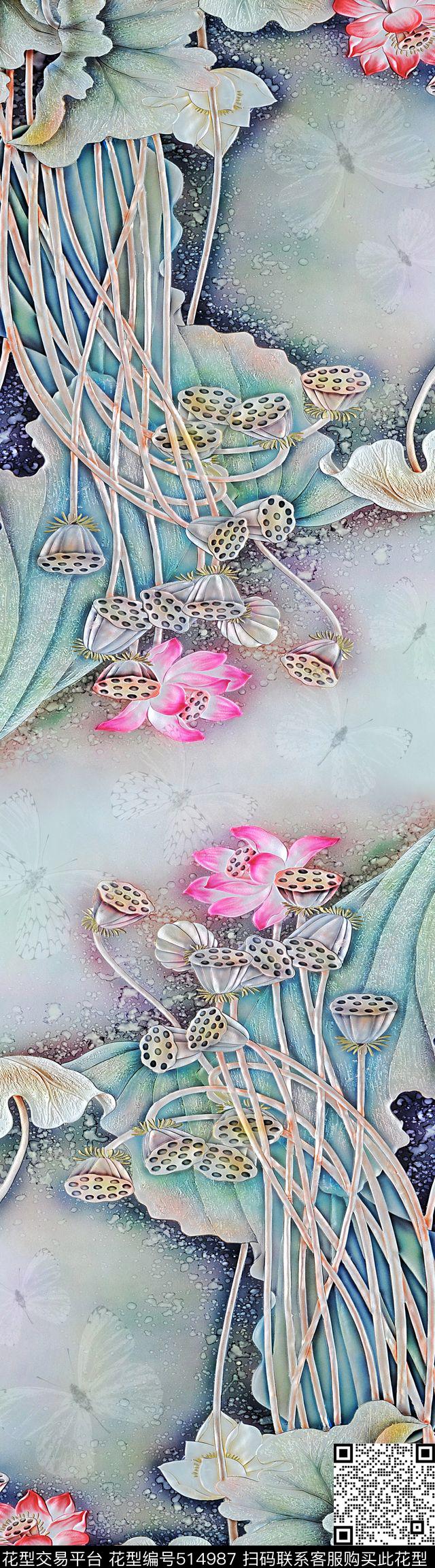 荷花蝴蝶花卉数码印花华亿平台下载（图片编号: 514987） - 瓦栏（Walan）