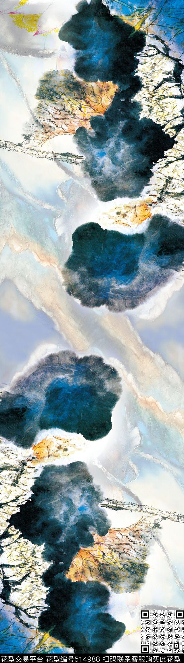 花卉石纹水墨画数码印花华亿平台下载（图片编号: 514988） - 瓦栏（Walan）