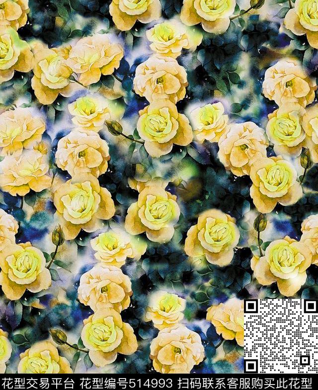 玫瑰花卉女装手绘数码印花华亿平台下载（图片编号: 514993） - 瓦栏（Walan）