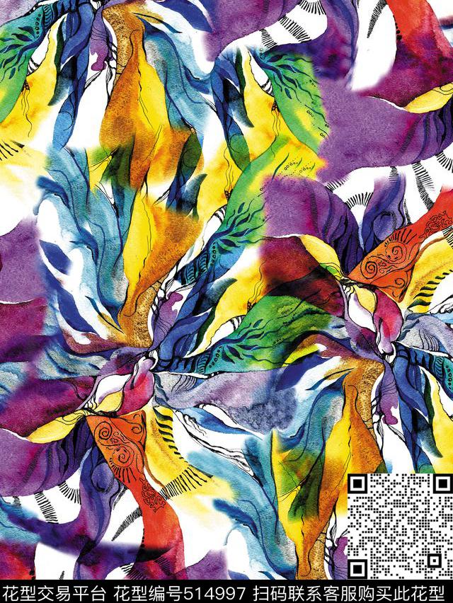 抽象笔刷手绘水彩多彩条子数码印花华亿平台下载（图片编号: 514997） - 瓦栏（Walan）