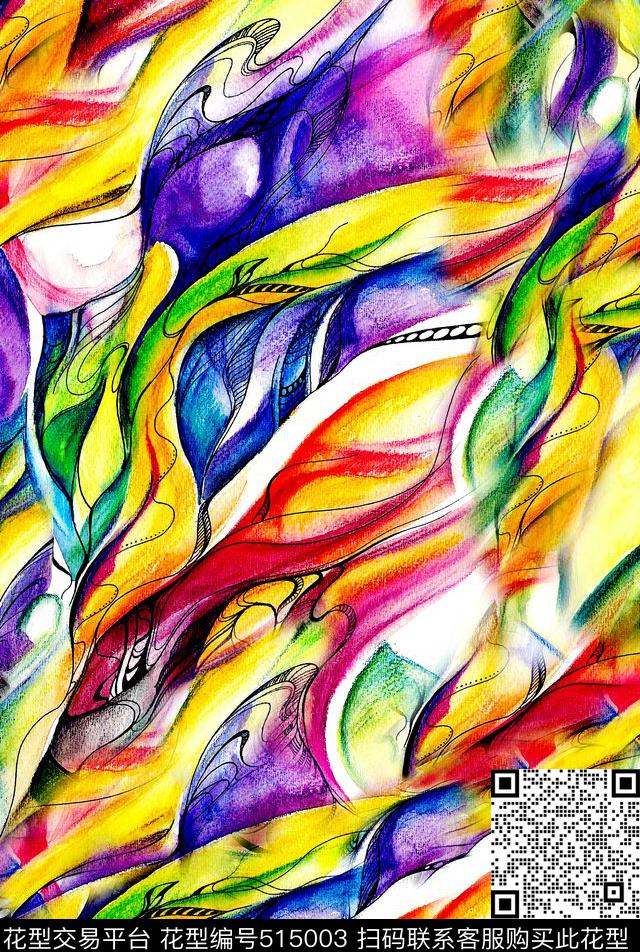 手绘抽象笔刷女装数码印花华亿平台下载（图片编号: 515003） - 瓦栏（Walan）