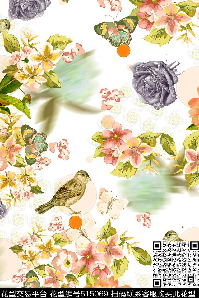 田园小清新圆珠笔手绘玫瑰花鸟水彩花卉女士夏季短裙面料家纺面料沙发布窗帘数码印花华亿平台下载（图片编号: 515069） - 瓦栏（Walan）