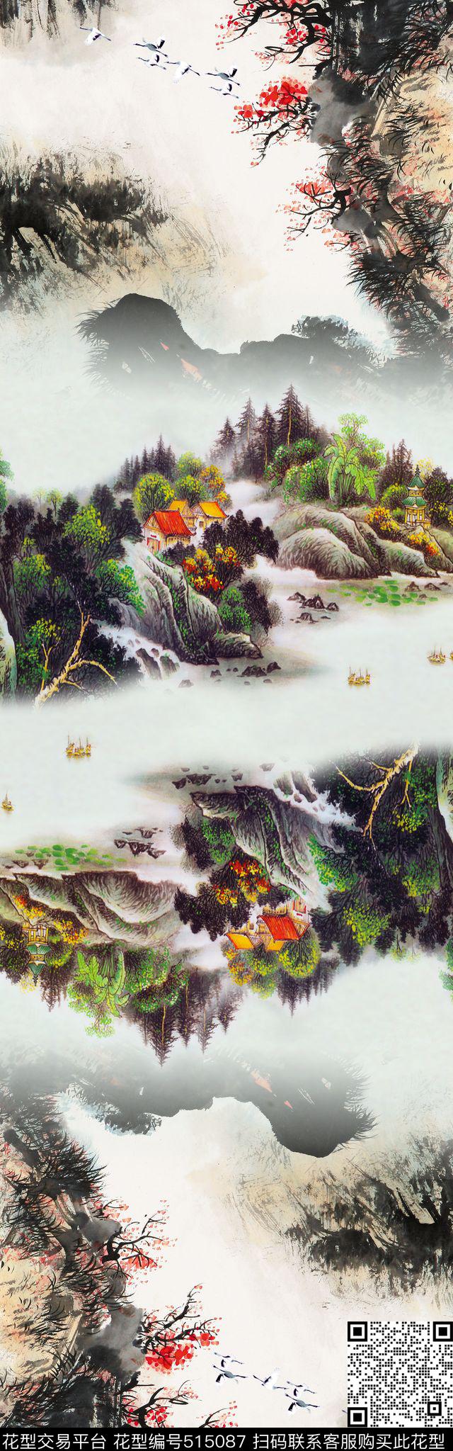 风景山水水墨数码印花华亿平台下载（图片编号: 515087） - 瓦栏（Walan）