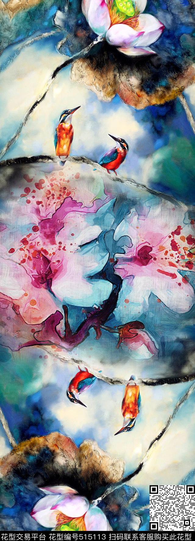 荷花花卉鸟数码印花华亿平台下载（图片编号: 515113） - 瓦栏（Walan）