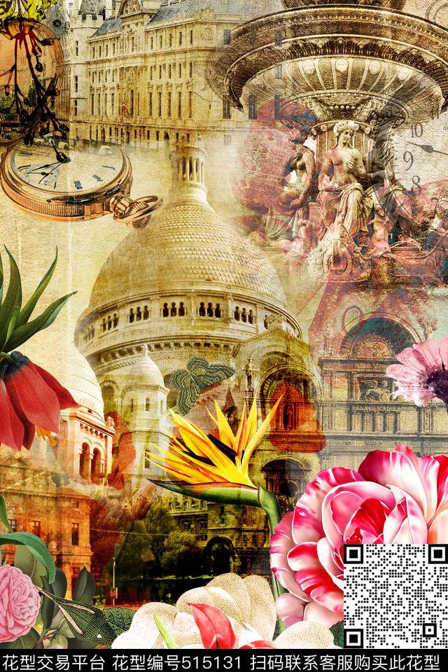 潮流时尚花卉欧式复古建筑大牌定位图案数码印花华亿平台下载（图片编号: 515131） - 瓦栏（Walan）