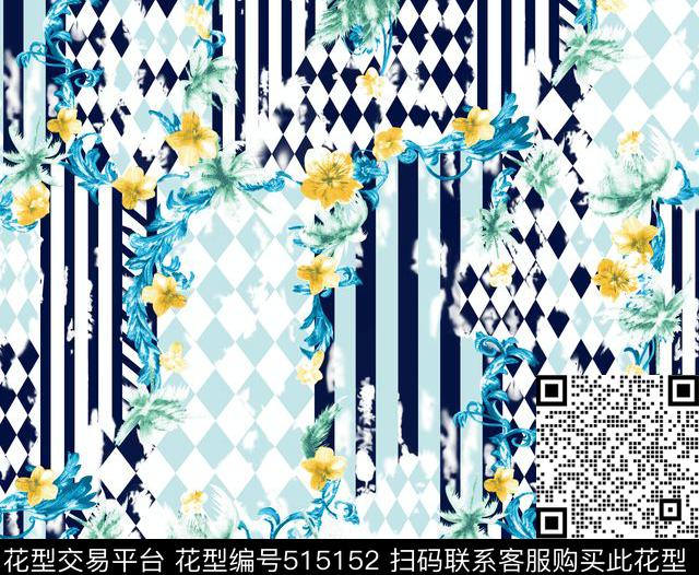 方格花卉几何传统印花华亿平台下载（图片编号: 515152） - 瓦栏（Walan）