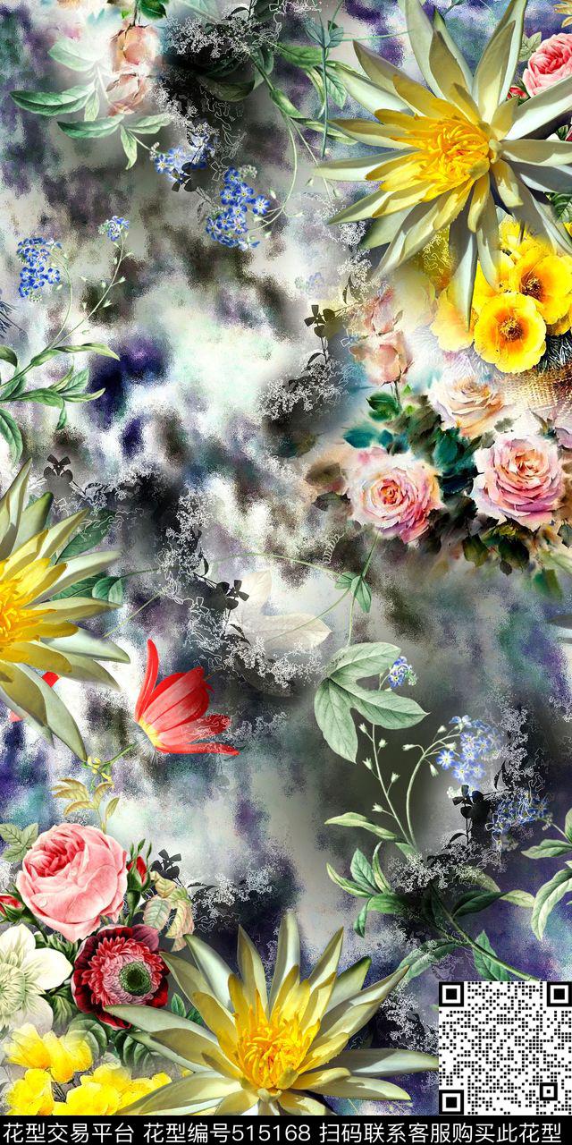 水彩晕染花卉数码印花华亿平台下载（图片编号: 515168） - 瓦栏（Walan）