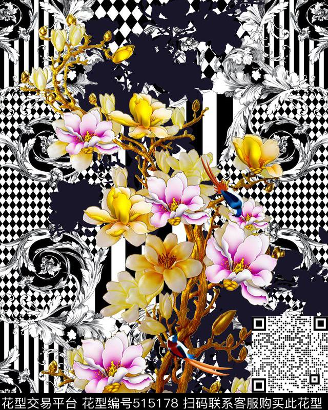 黑白几何花卉欧式花纹数码印花华亿平台下载（图片编号: 515178） - 瓦栏（Walan）
