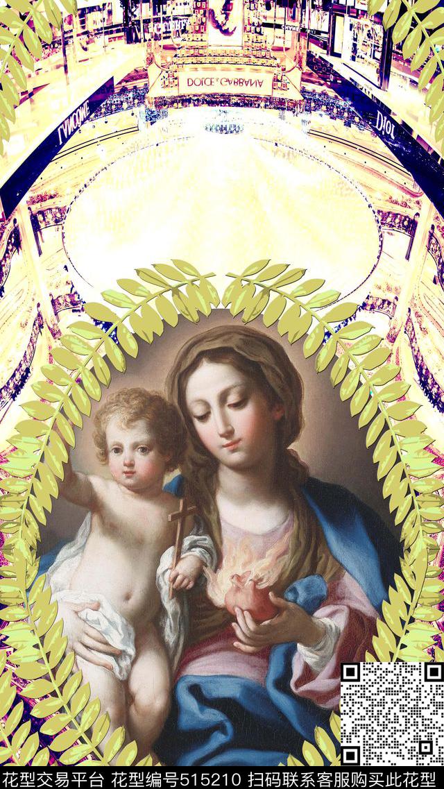 复古欧式圣母圣婴树叶数码印花华亿平台下载（图片编号: 515210） - 瓦栏（Walan）