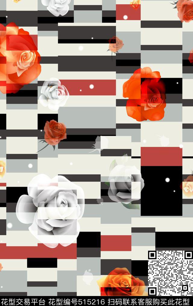花卉玫瑰拼接数码印花华亿平台下载（图片编号: 515216） - 瓦栏（Walan）