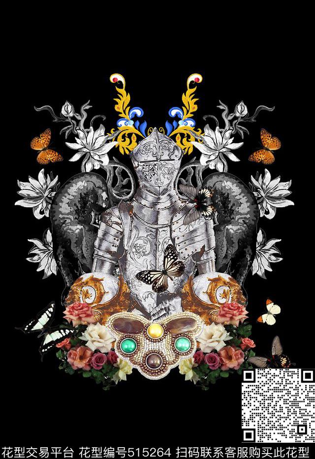 T恤卫衣数码印花定位盔甲手绘花卉数码印花华亿平台下载（图片编号: 515264） - 瓦栏（Walan）