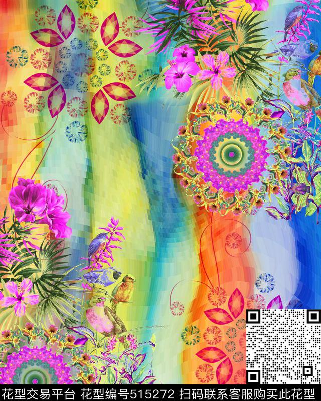 花鸟数码印花水彩花数码印花华亿平台下载（图片编号: 515272） - 瓦栏（Walan）