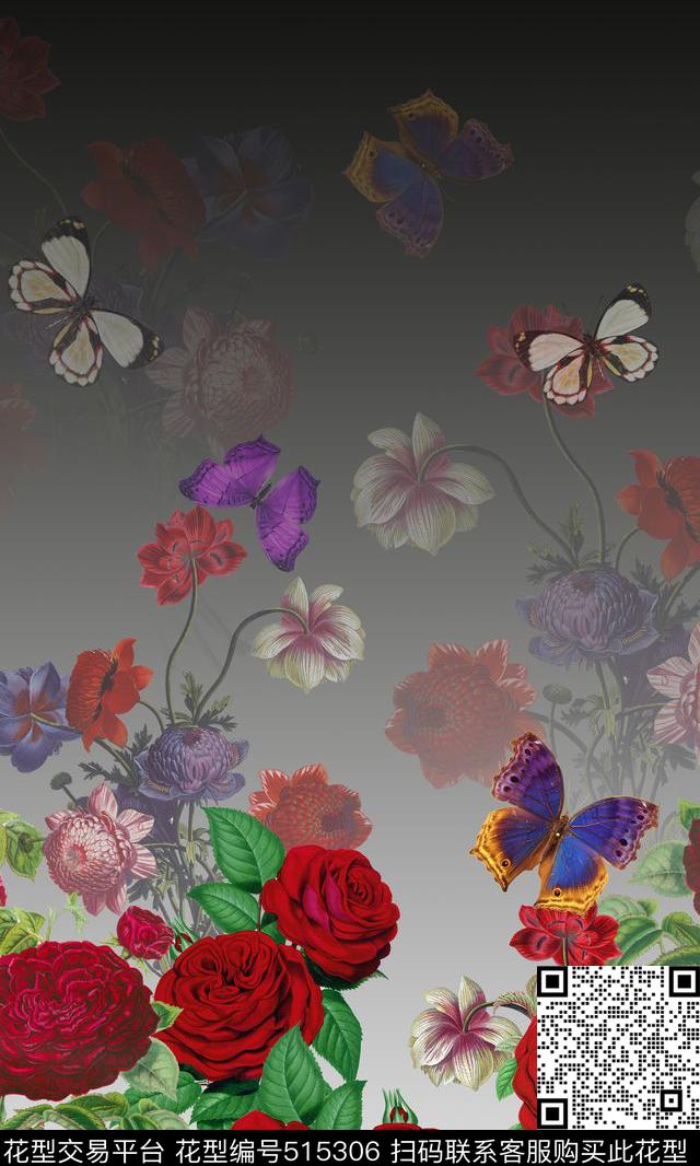 蝴蝶欧式花卉数码印花华亿平台下载（图片编号: 515306） - 瓦栏（Walan）