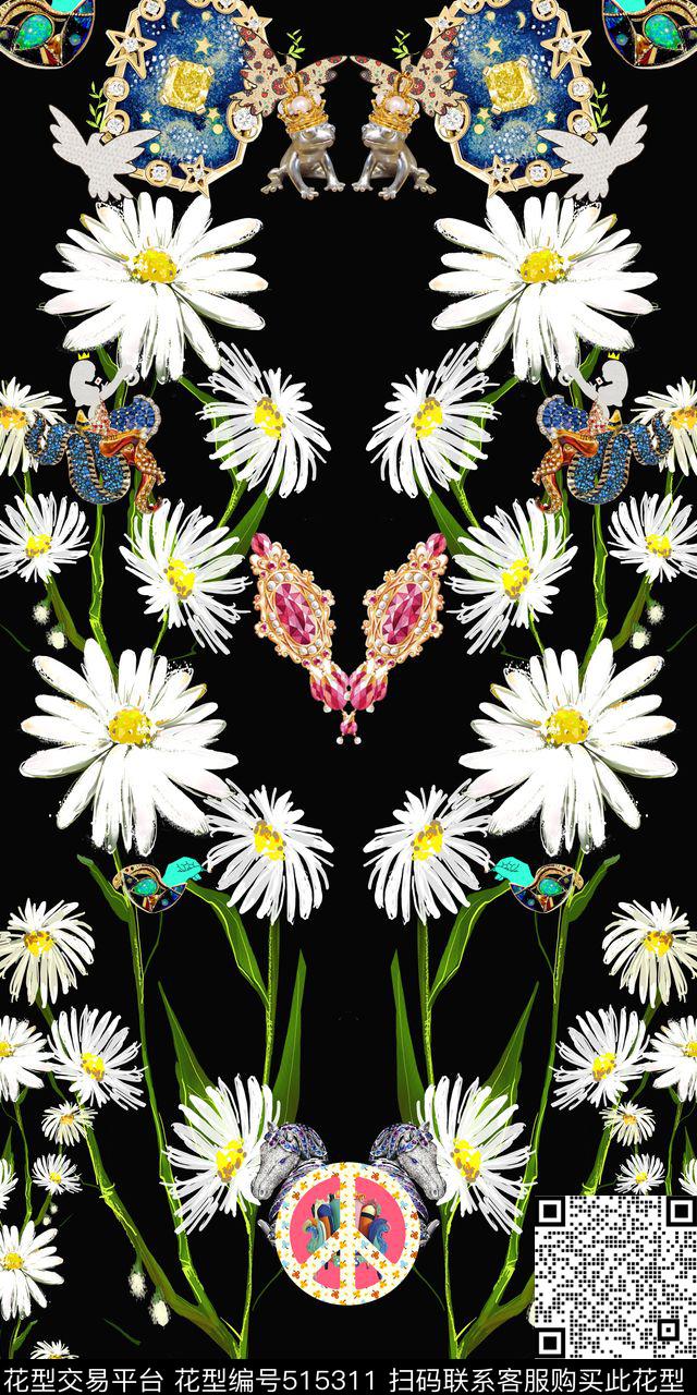 女装四方连续花鸟植物数码印花华亿平台下载（图片编号: 515311） - 瓦栏（Walan）