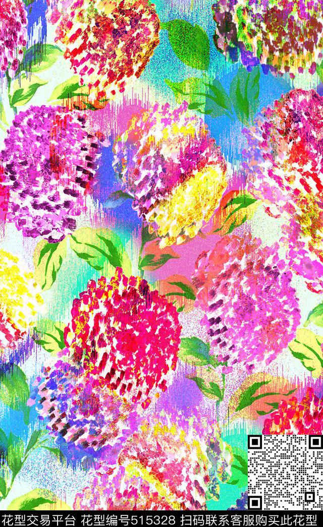 手绘花花朵满版数码印花华亿平台下载（图片编号: 515328） - 瓦栏（Walan）