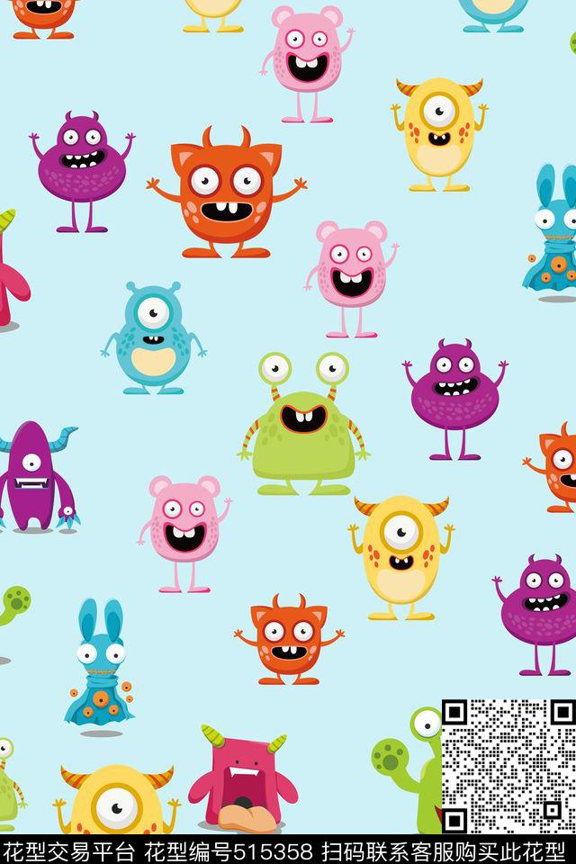 童趣怪物满版卡通人物传统印花华亿平台下载（图片编号: 515358） - 瓦栏（Walan）