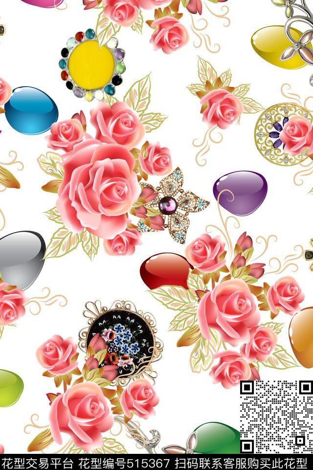 流行时尚珠宝花时尚珠宝彩石花卉流行时尚花卉数码印花华亿平台下载（图片编号: 515367） - 瓦栏（Walan）