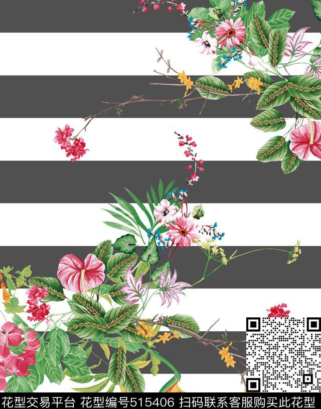 现代花卉组合横条大花数码印花华亿平台下载（图片编号: 515406） - 瓦栏（Walan）
