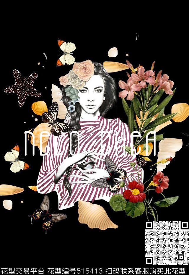 潮流个性定位美女插画复古花卉数码印花华亿平台下载（图片编号: 515413） - 瓦栏（Walan）