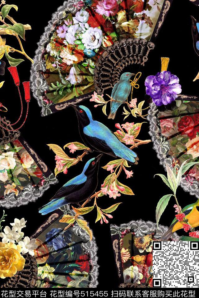 时尚扇子花卉数码印花华亿平台下载（图片编号: 515455） - 瓦栏（Walan）