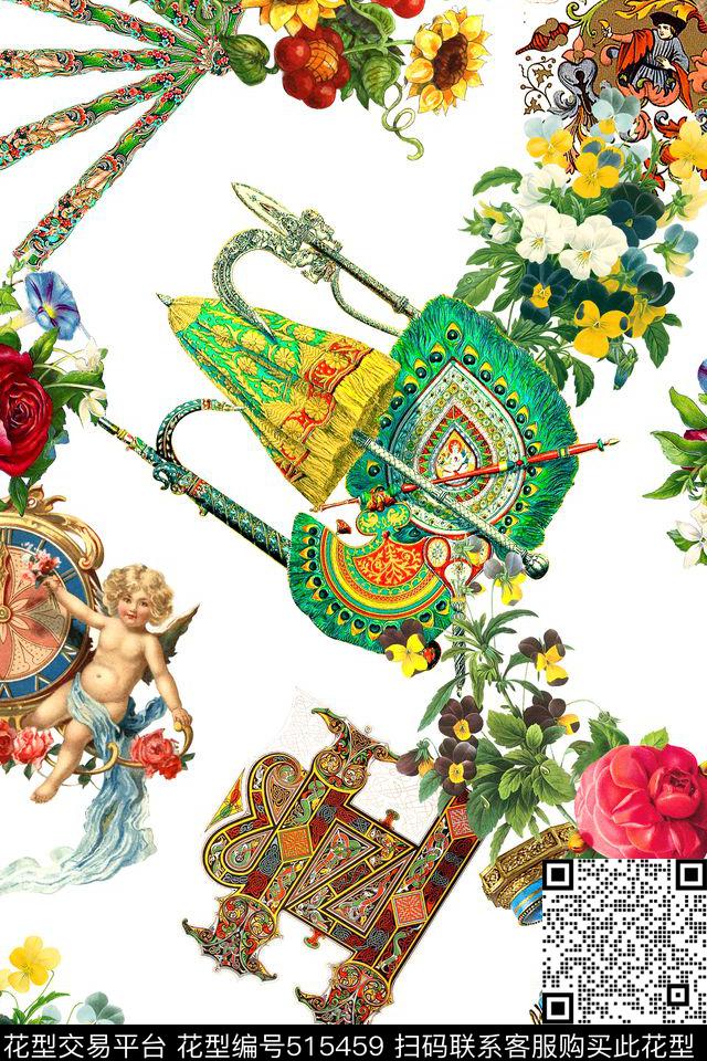 时尚花卉扇子数码印花华亿平台下载（图片编号: 515459） - 瓦栏（Walan）