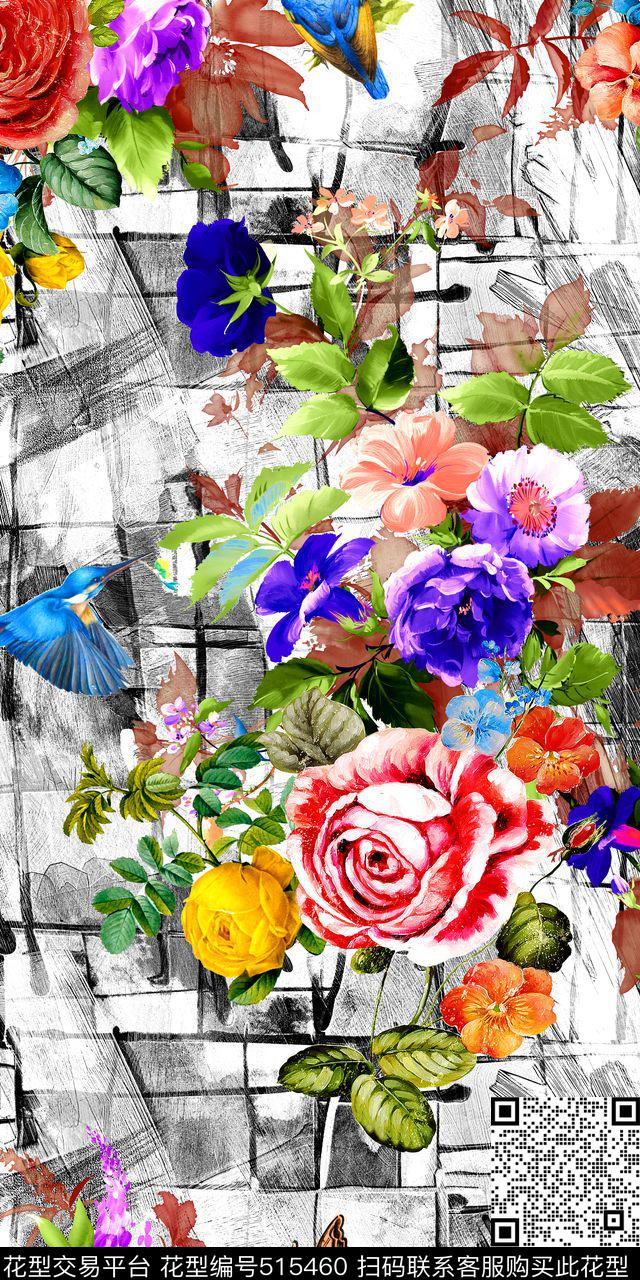 时尚油画花卉蜂鸟数码印花华亿平台下载（图片编号: 515460） - 瓦栏（Walan）