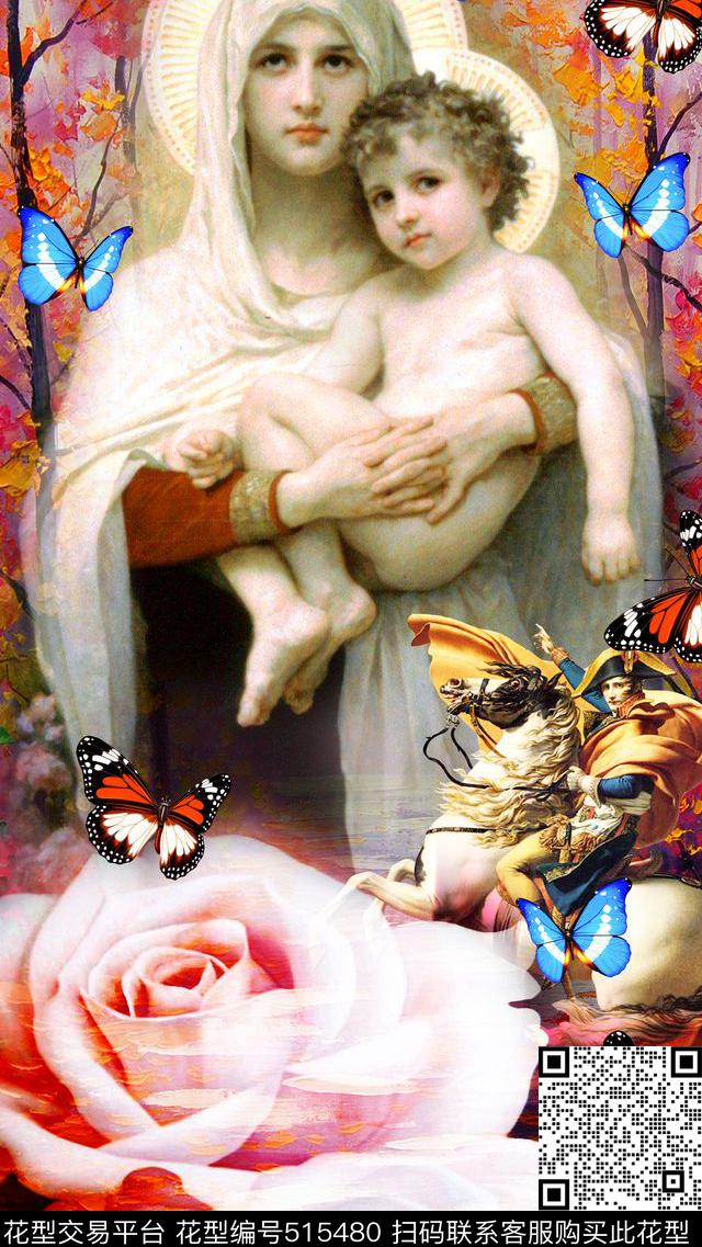 复古秋景花卉人物圣母圣婴蝴蝶数码印花华亿平台下载（图片编号: 515480） - 瓦栏（Walan）