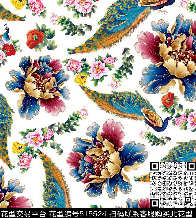 高贵花卉孔雀数码印花华亿平台下载（图片编号: 515524） - 瓦栏（Walan）