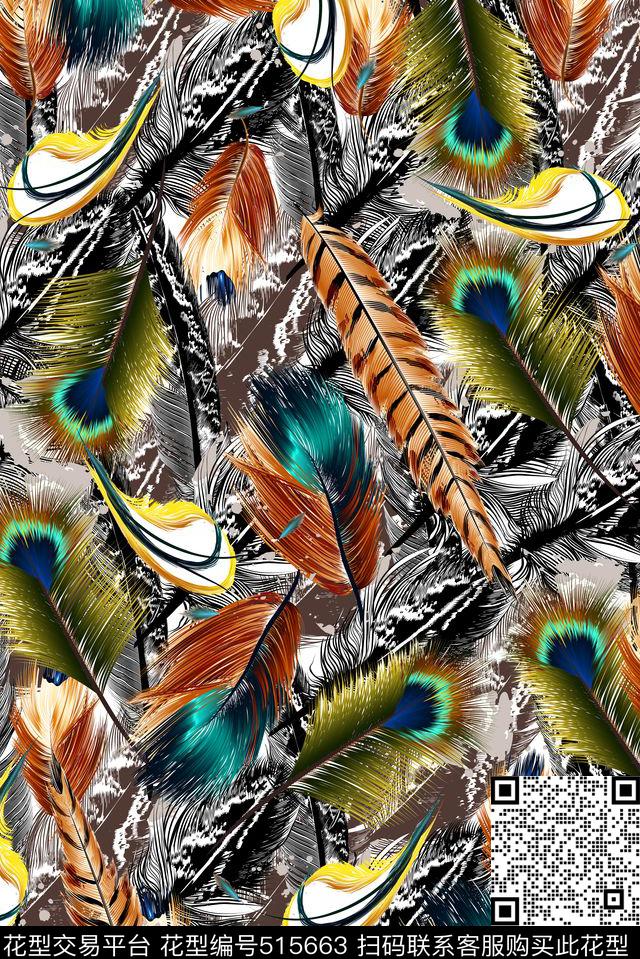 原创时尚羽毛孔雀毛数码印花华亿平台下载（图片编号: 515663） - 瓦栏（Walan）