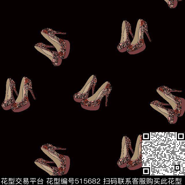 黑底时尚高跟鞋数码印花华亿平台下载（图片编号: 515682） - 瓦栏（Walan）