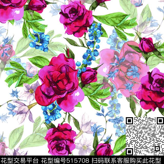 蝴蝶花卉蓝莓数码印花华亿平台下载（图片编号: 515708） - 瓦栏（Walan）