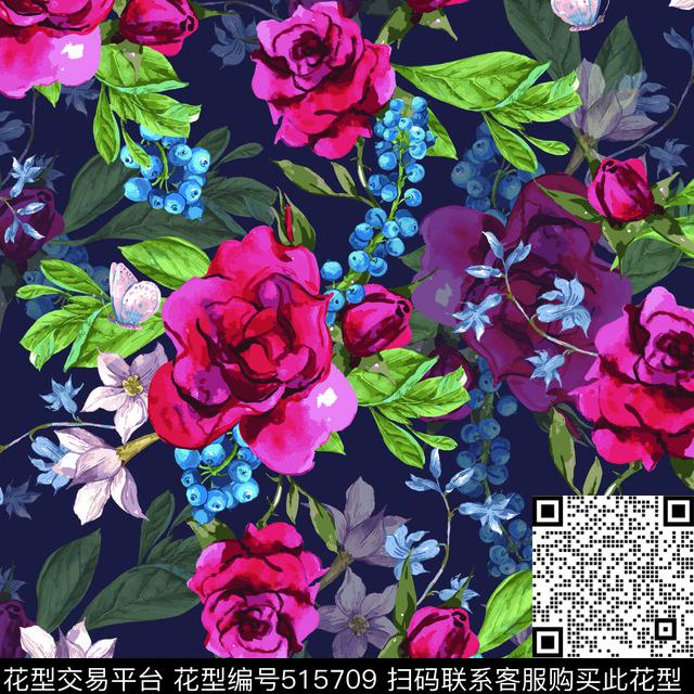 清新花卉玫瑰数码印花华亿平台下载（图片编号: 515709） - 瓦栏（Walan）