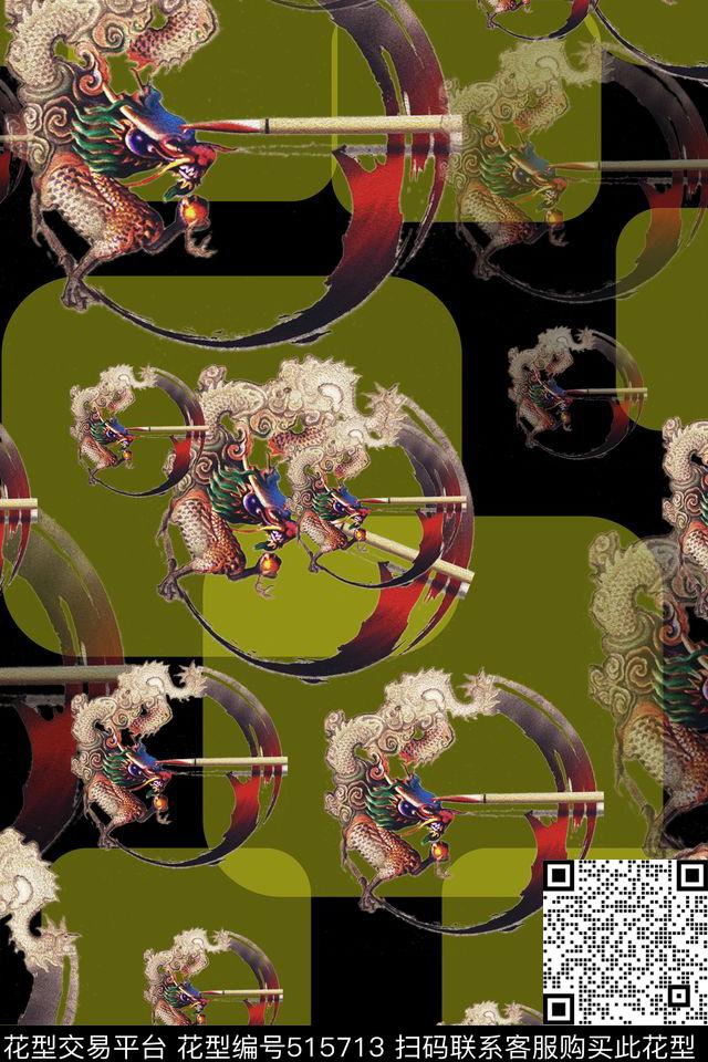 中国风中国龙几何图形数码印花华亿平台下载（图片编号: 515713） - 瓦栏（Walan）