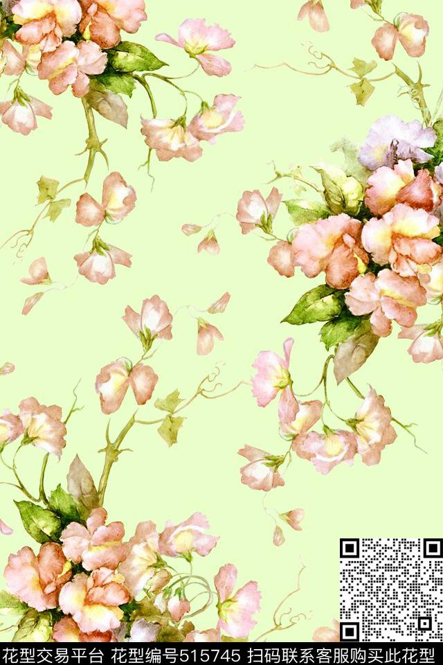 水彩花卉定位数码印花华亿平台下载（图片编号: 515745） - 瓦栏（Walan）