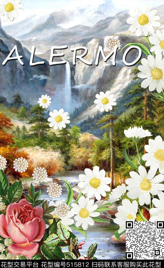 潮流时尚定位D&G风格手绘花卉数码印花华亿平台下载（图片编号: 515812） - 瓦栏（Walan）