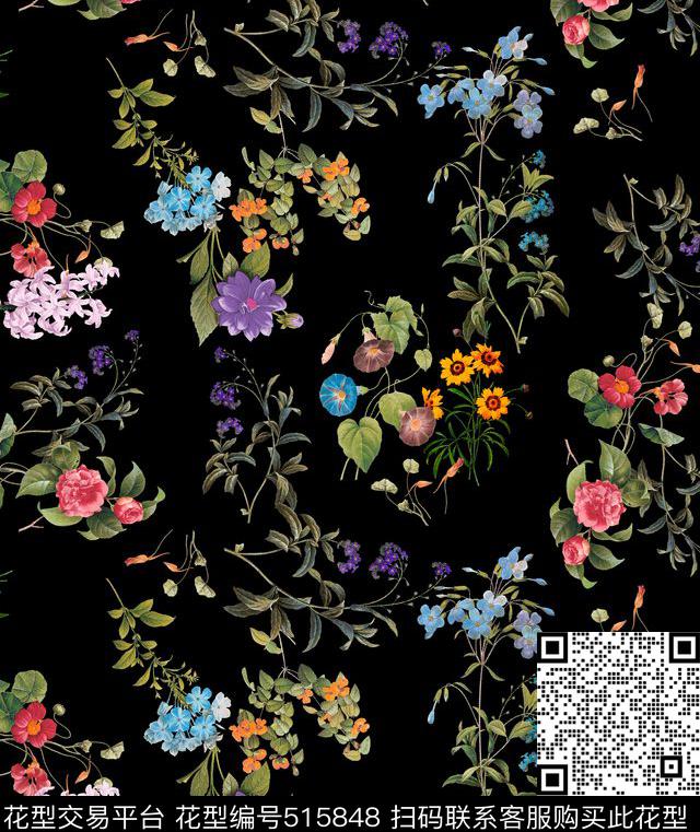潮流时尚复古手绘花卉数码印花华亿平台下载（图片编号: 515848） - 瓦栏（Walan）