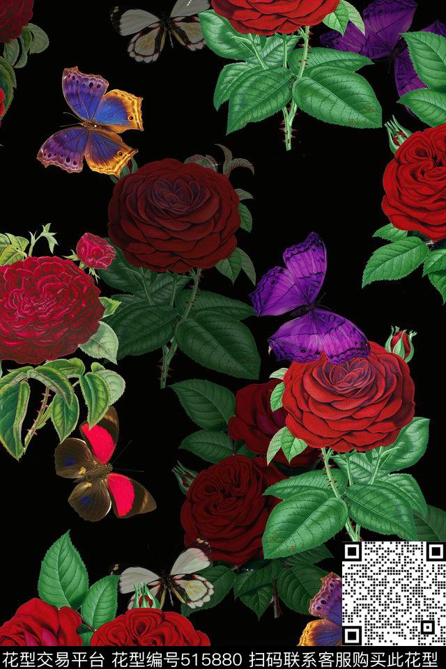 流行时尚玫瑰花卉蝴蝶数码印花华亿平台下载（图片编号: 515880） - 瓦栏（Walan）