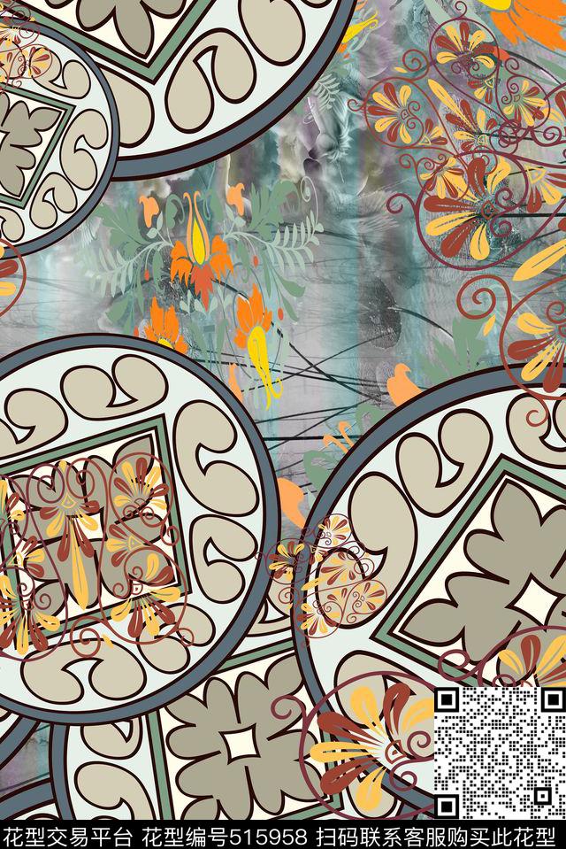 长巾围巾抽象服饰复古民族风系列数码印花华亿平台下载（图片编号: 515958） - 瓦栏（Walan）