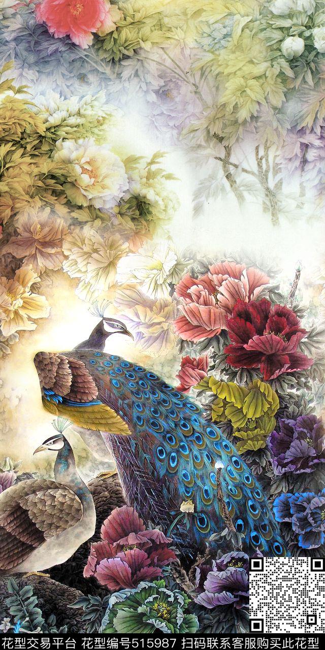 中国风孔雀牡丹数码印花华亿平台下载（图片编号: 515987） - 瓦栏（Walan）