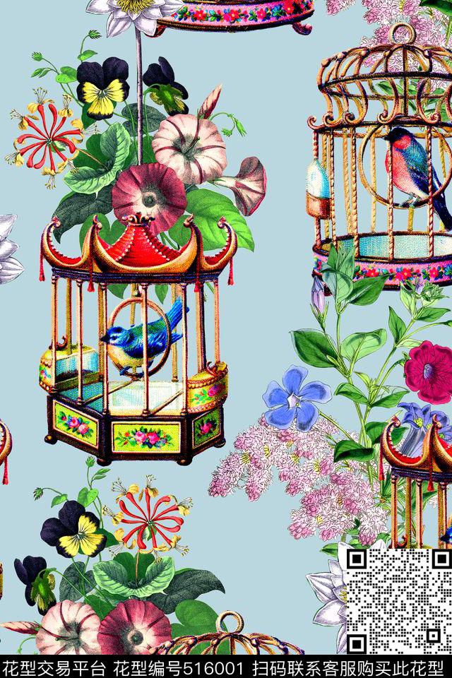 时尚鸟笼花卉数码印花华亿平台下载（图片编号: 516001） - 瓦栏（Walan）