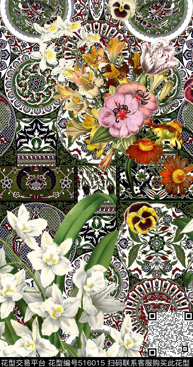 时尚花卉定位数码印花华亿平台下载（图片编号: 516015） - 瓦栏（Walan）