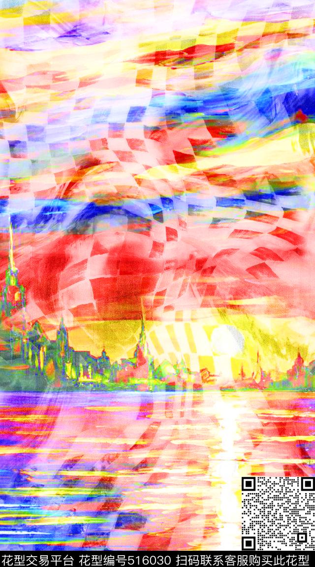 风景潮流时尚大牌手绘抽象格子数码印花华亿平台下载（图片编号: 516030） - 瓦栏（Walan）