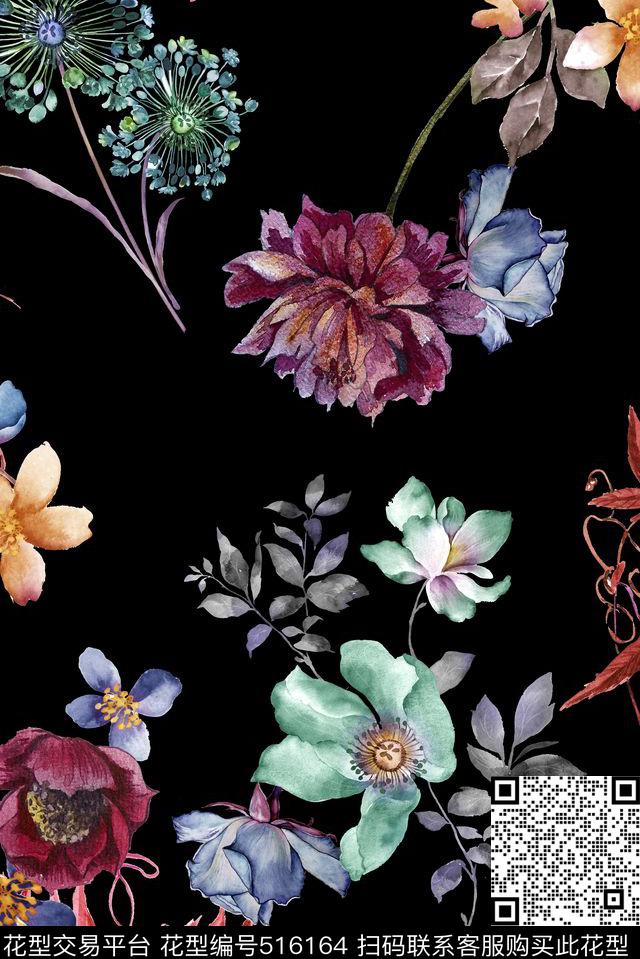 秋天花卉红叶数码印花华亿平台下载（图片编号: 516164） - 瓦栏（Walan）