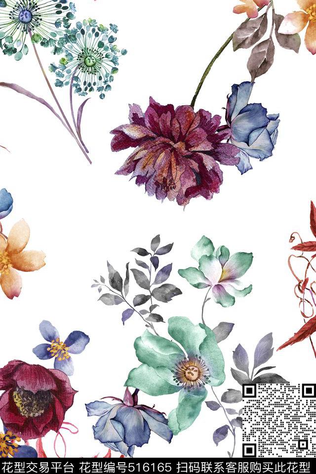 秋天花卉红叶数码印花华亿平台下载（图片编号: 516165） - 瓦栏（Walan）