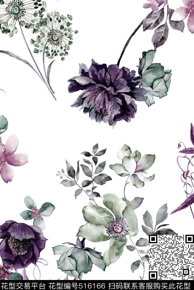 秋天花卉红叶数码印花华亿平台下载（图片编号: 516166） - 瓦栏（Walan）